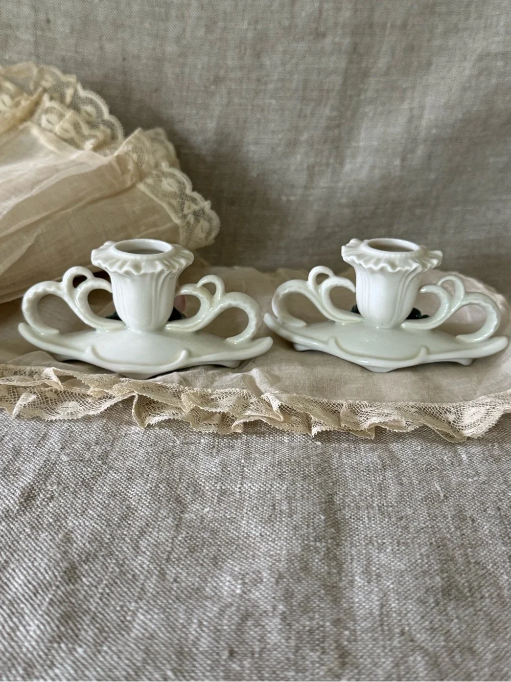 Karl Ens Germany vintage pink roses porcelain candleholders